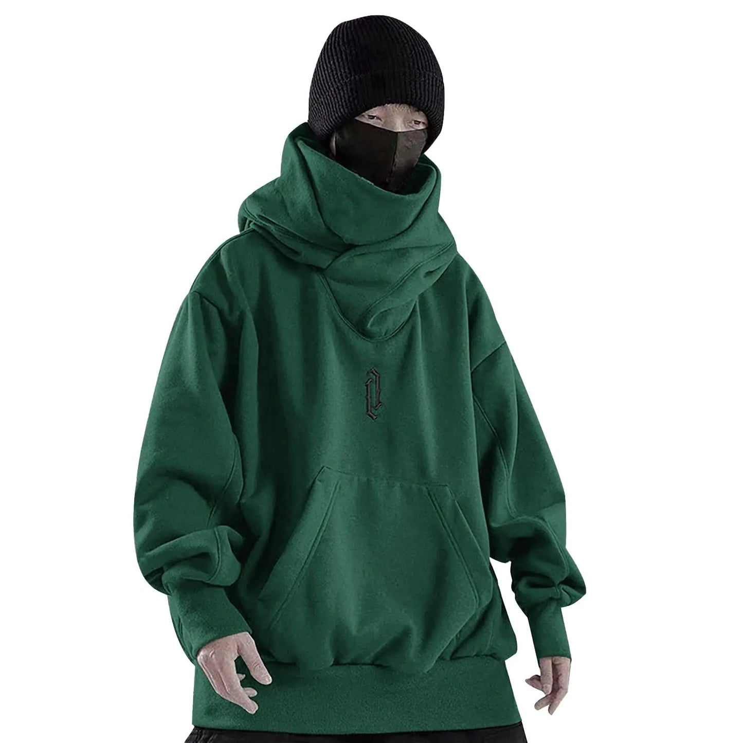 Alalaso Ninja Hoodie Men Double Neckline Cotton Pullover Windproof Warm Japanese Streetwear Hoodies Sweatshirts for Men
