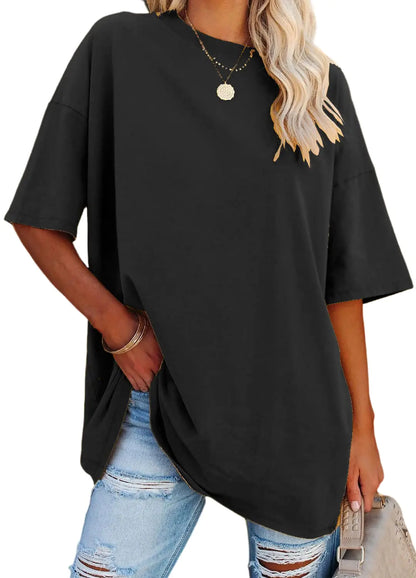 YEXIPO Womens Oversized T Shirts Summer Short Sleeve Loose Fit Casual Crewneck Plain Tunic Tops Black