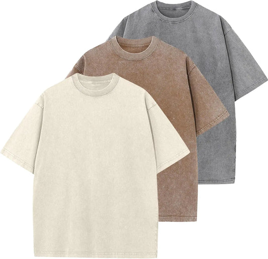 Mens Oversized T-Shirts Cotton Unisex Short Sleeves Casual Loose Wash Solid Basic Tee Tops（Grey+Coffee+Apricot-XL）