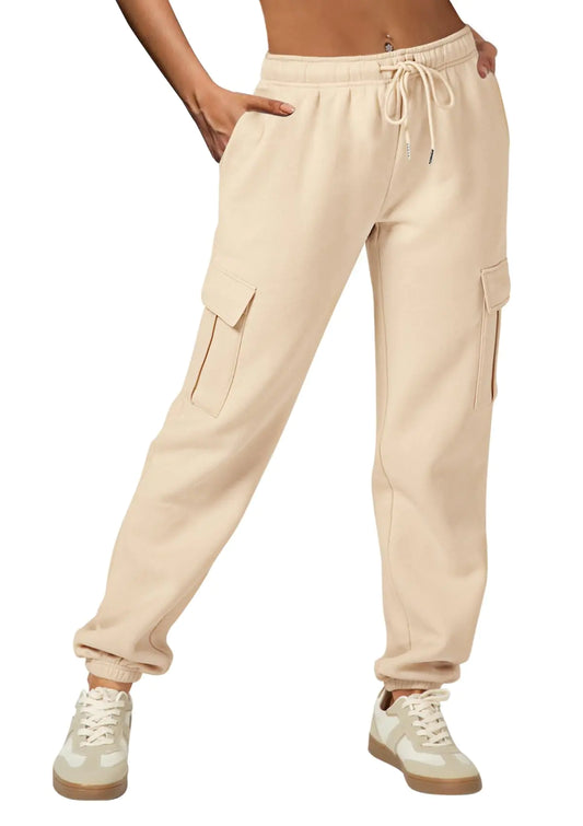 IVIR Joggers for Women Sweatpants Cargo Pants Baggy Fleece High Waisted Lounge Beige L