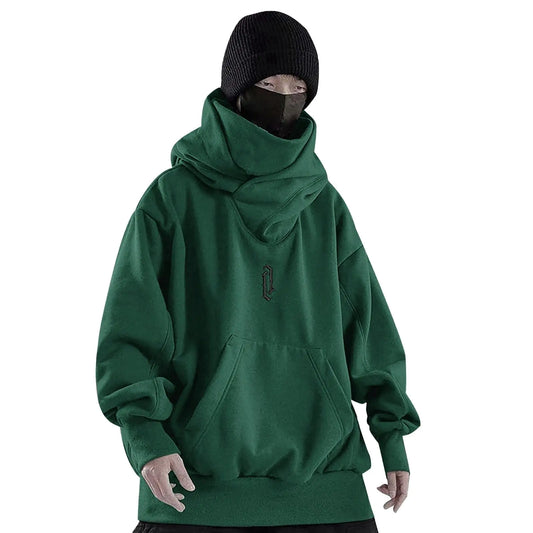 Alalaso Ninja Hoodie Men Double Neckline Cotton Pullover Windproof Warm Japanese Streetwear Hoodies Sweatshirts for Men