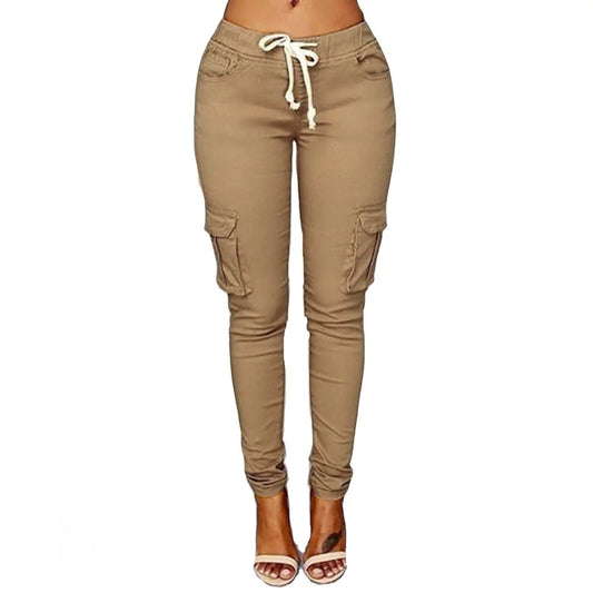 Womens Solid Color Stretch Cargo Joggers Casual Pockets Drawstring Skinny Pants