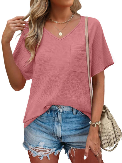 ANRABESS Womens Oversized T Shirts Short Sleeve V Neck Summer Tops Casual Loose Textured Blouses 2025 Trendy Tee Shirt Bean Paste Red X-Large