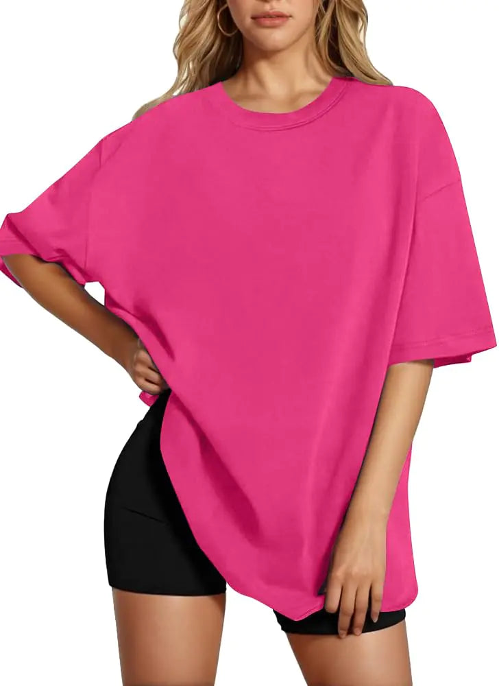 HOTOUCH Womens Oversized T Shirts Crewneck Short Sleeve Workout Blouse Tops Summer Casual Dropped Shoulder Tunic Tee Rose Red