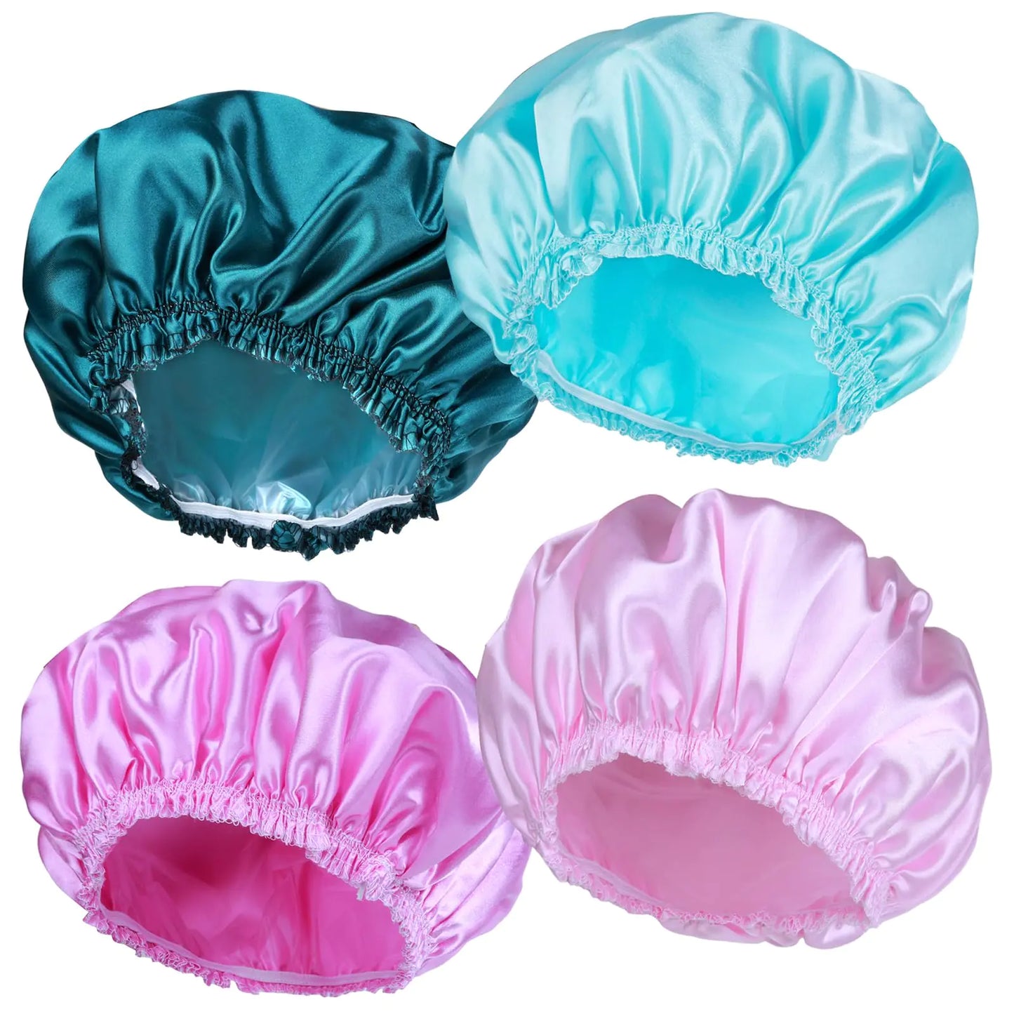 Shower Caps for Women 4 PCS Elastic and Reusable Bath Caps Double Waterproof Layers Shower Cap Bathing Shower Caps Environmental Protection Hair Bath Hat - Solid Color