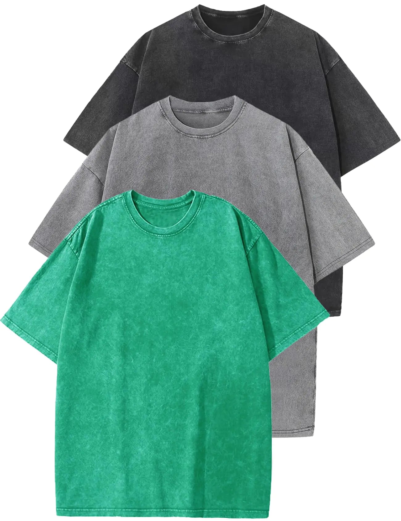 Flygo 3 Pack Men Oversized T Shirts Acid Washed Unisex Tee Loose Fit Short Sleeve Casual Streetwear Baggy Basic Tops(Black+Grey+Green S)