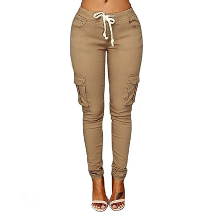 Womens Solid Color Stretch Cargo Joggers Casual Pockets Drawstring Skinny Pants